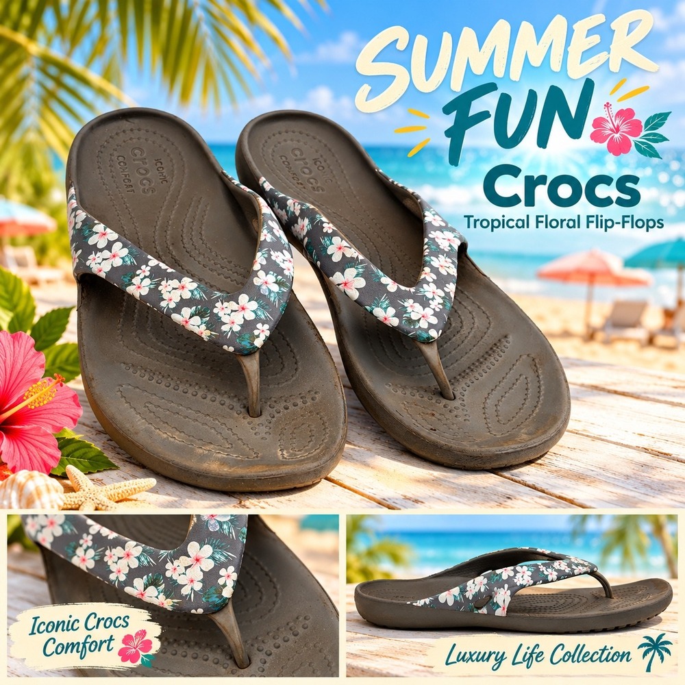 Crocs Kadee II Floral Flip Flops Womens 9 Gray Tropical Hibiscus Sandals
